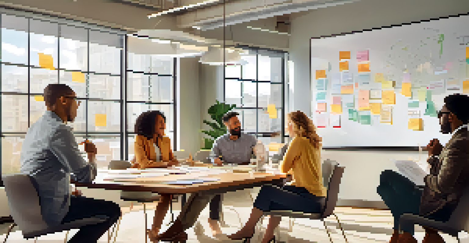 A diverse group of people in a modern meeting room, collaborating around a whiteboard filled with charts and post-it notes.
