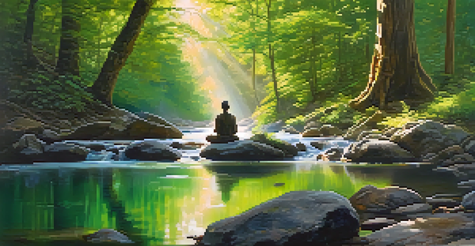 A peaceful forest scene with sunlight, a stream, and a person meditating on a rock.