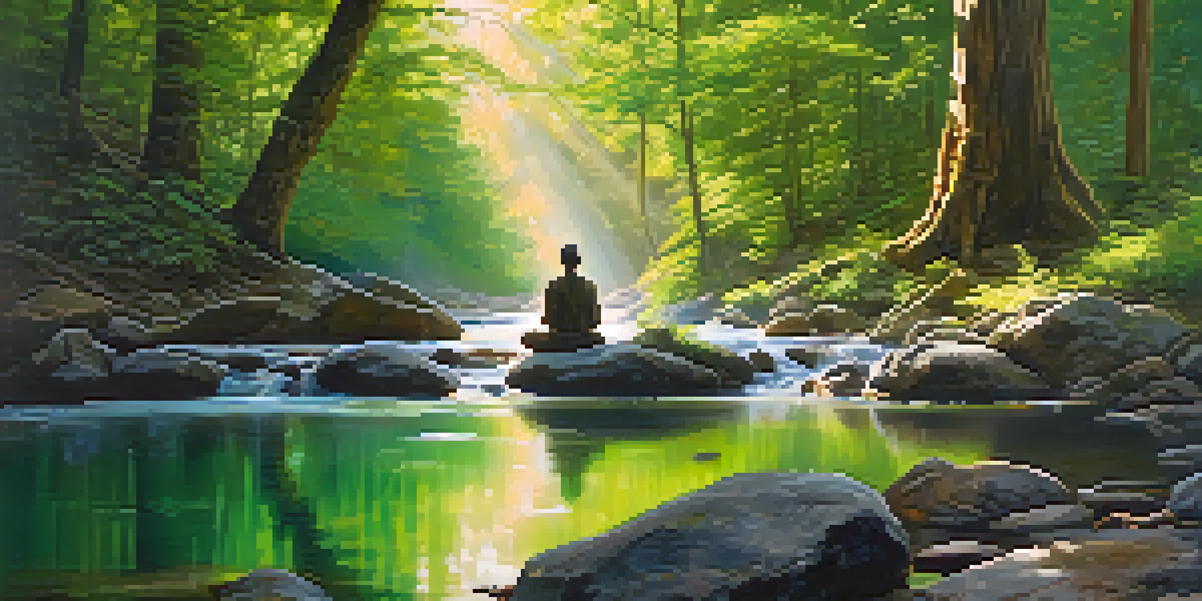 A peaceful forest scene with sunlight, a stream, and a person meditating on a rock.