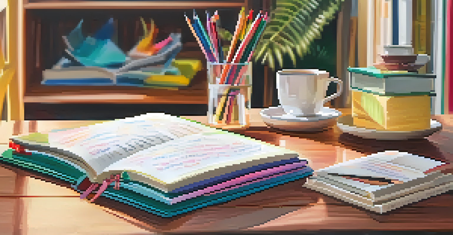An open planner with colorful goals written in it, surrounded by a cozy armchair and books.
