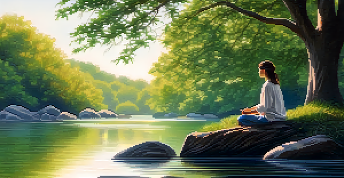 A person practicing mindfulness by a calm river, sitting on a rock with eyes closed, surrounded by greenery and sunlight filtering through the leaves.