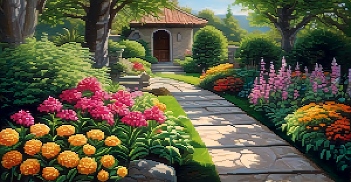 A peaceful garden filled with colorful flowers and leafy plants, sunlight shining through the trees onto a stone path.