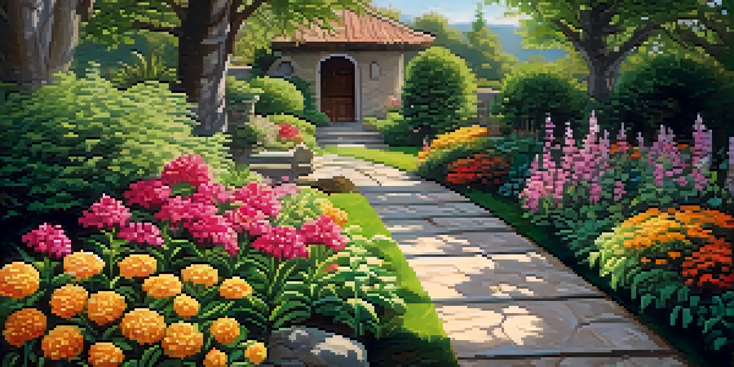 A peaceful garden filled with colorful flowers and leafy plants, sunlight shining through the trees onto a stone path.