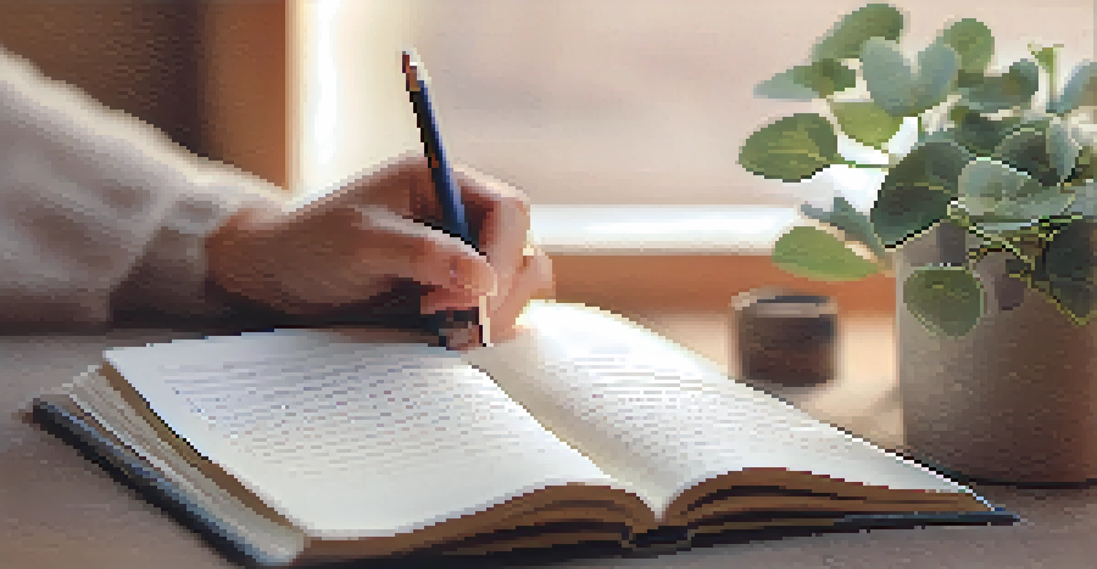 A hand writing in a gratitude journal with soft colors and a calming background.