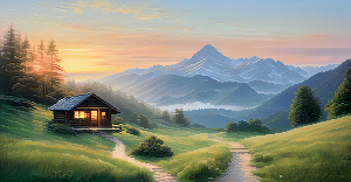 A tranquil mountain scene at sunrise with a winding path to a small cabin, lush greenery, and mist in the valley.