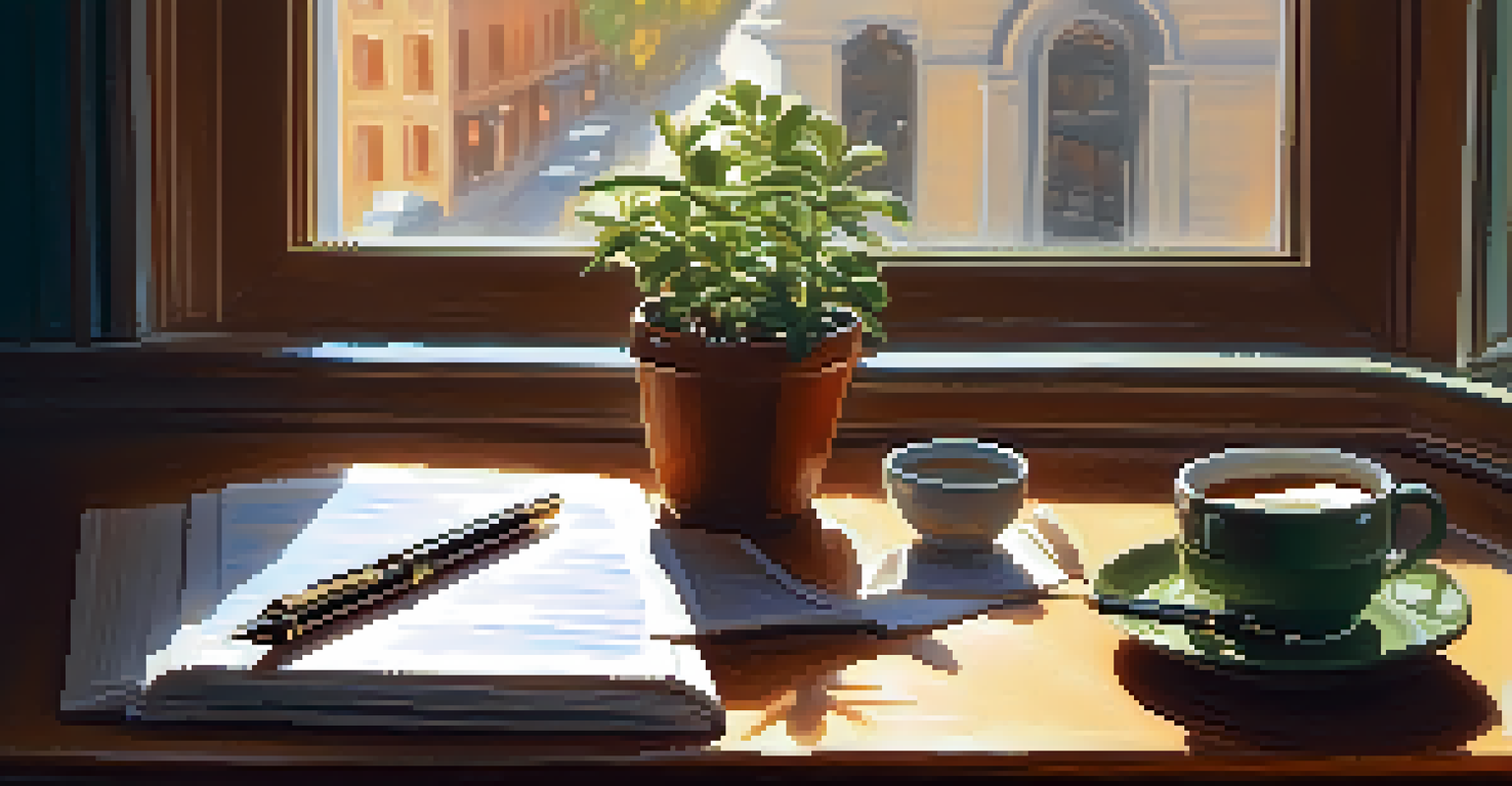 A desk with an open journal, a fountain pen, a cup of coffee, and a potted plant, all bathed in soft morning light.