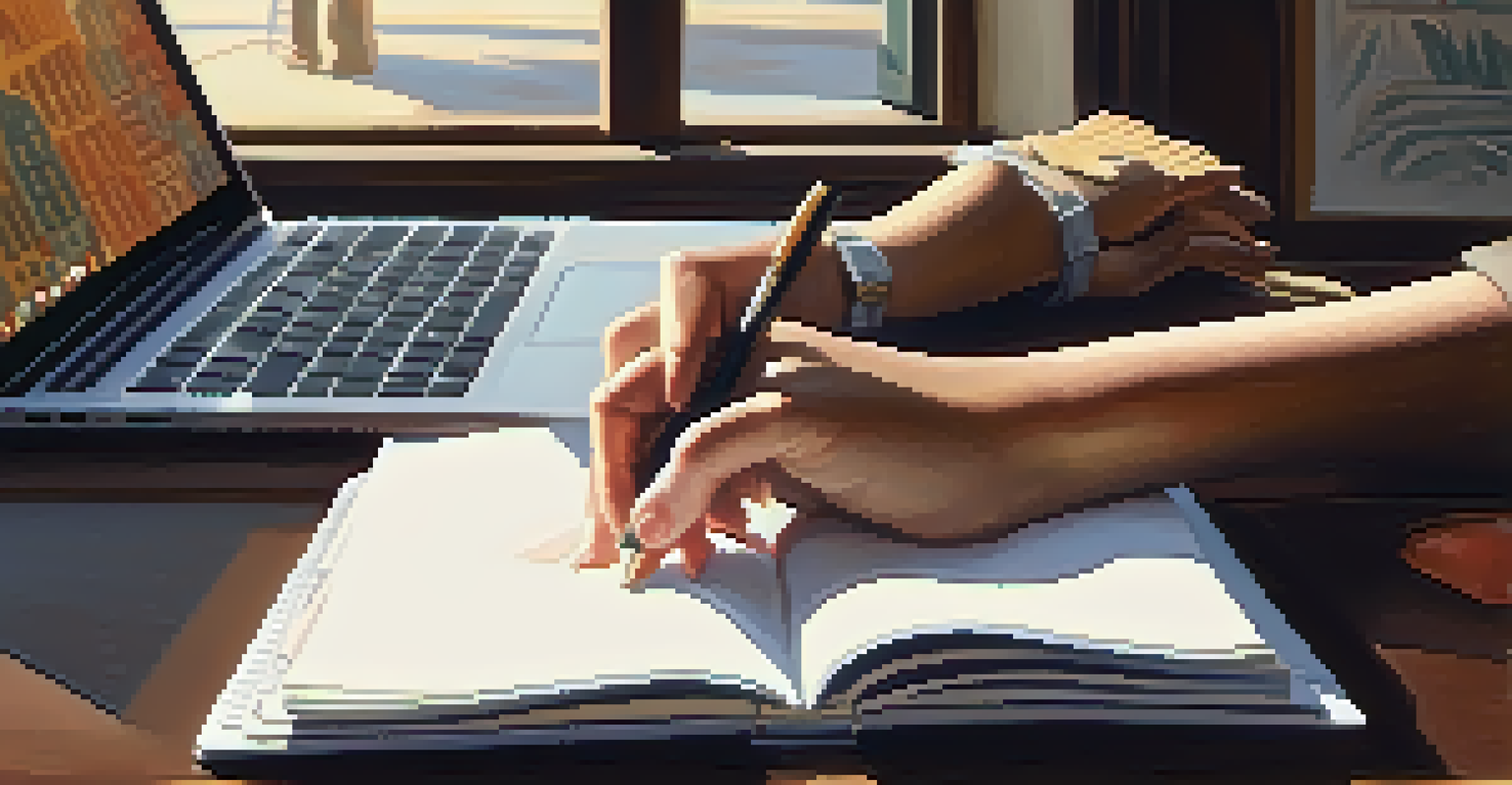 Close-up of hands typing on a laptop next to a planner and coffee, surrounded by warm light for a focused work environment.