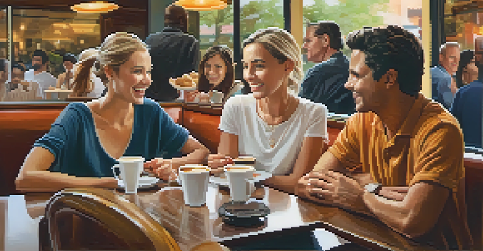 A diverse group of people talking animatedly in a cozy coffee shop, showcasing expressions and gestures.