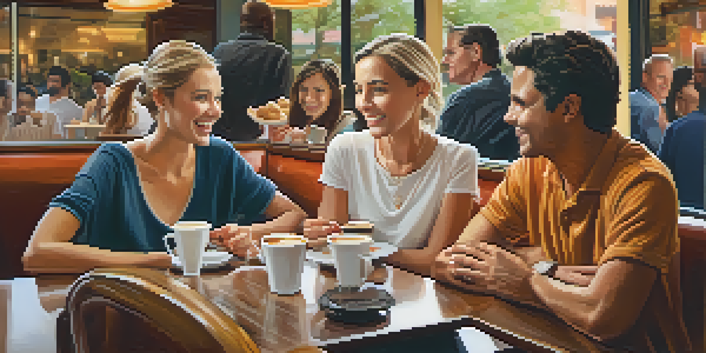 A diverse group of people talking animatedly in a cozy coffee shop, showcasing expressions and gestures.