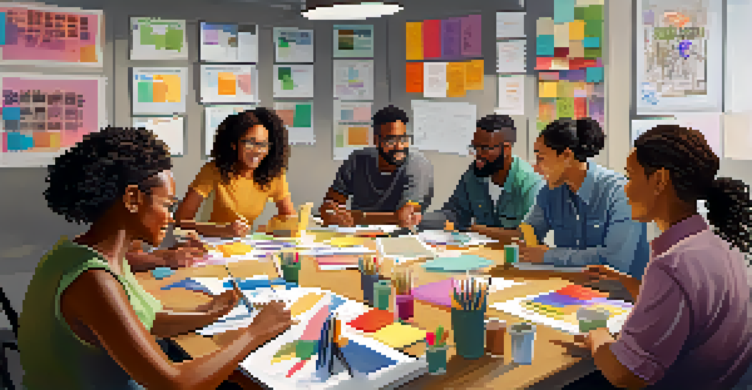 A diverse group of people collaborating in a bright workshop environment with notebooks and laptops.