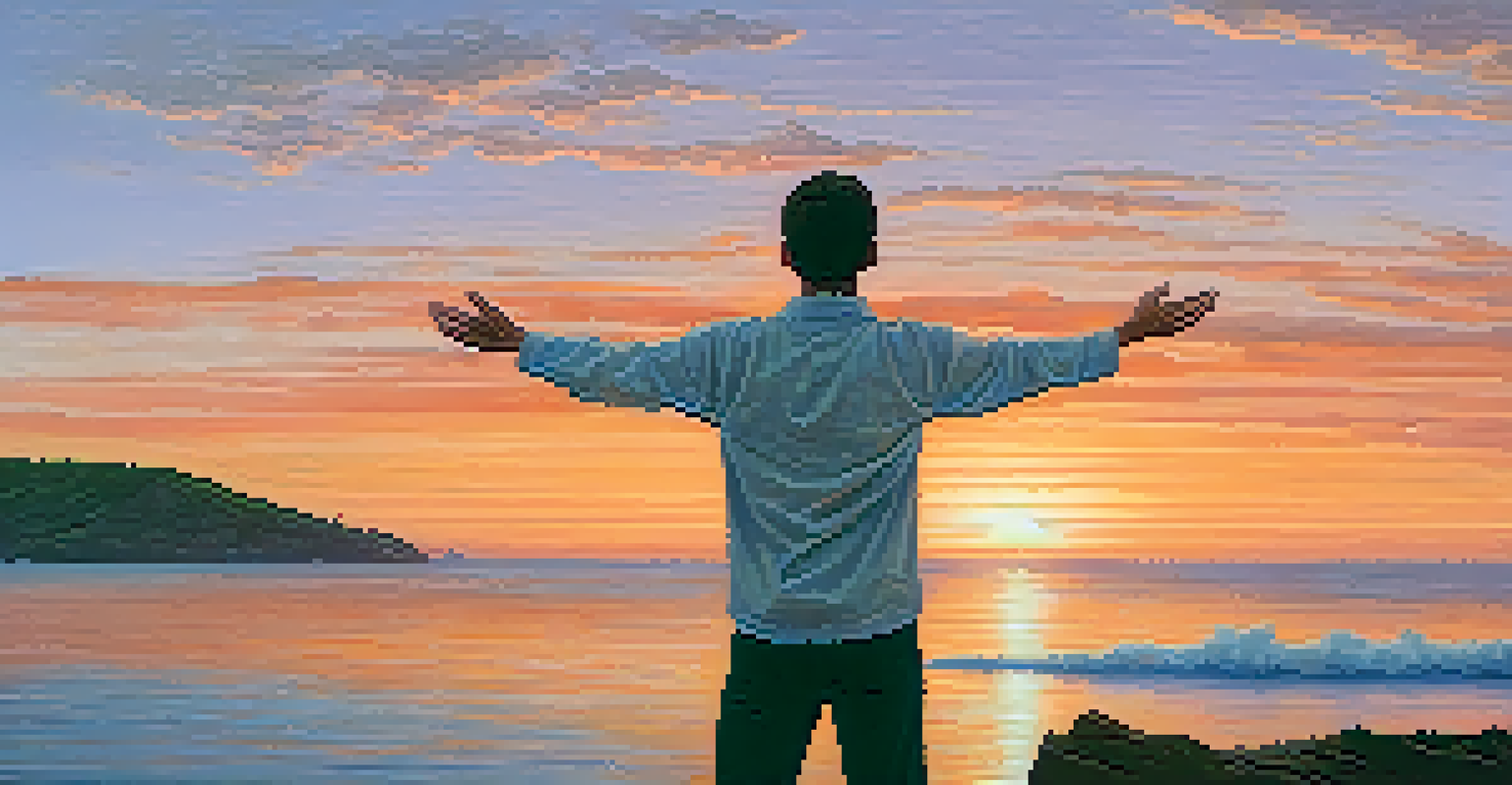 A person performing box breathing on a cliff at sunset, with a calm sea in the background and colorful skies.