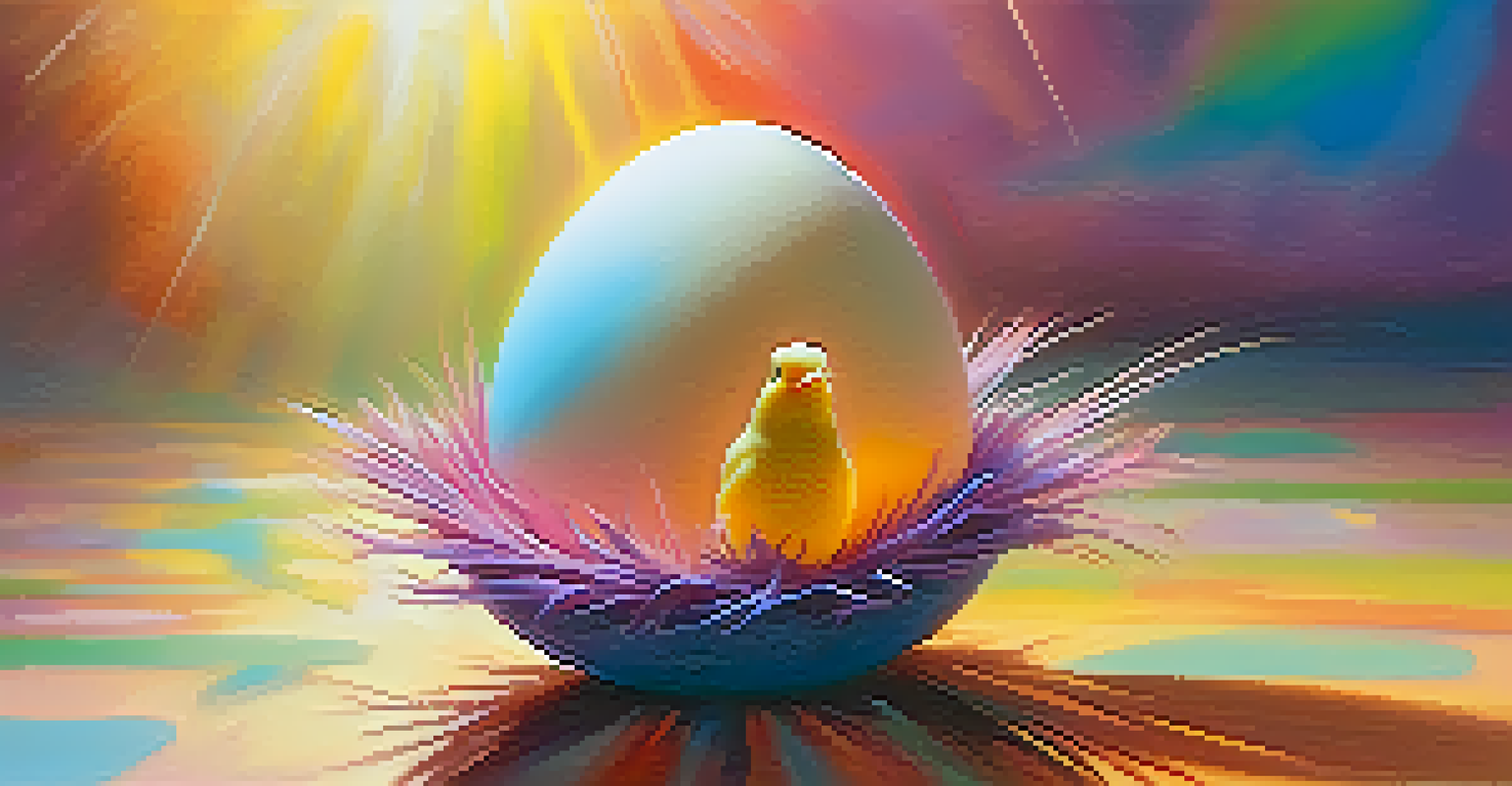 A broken egg with a vibrant chick emerging, surrounded by colorful light rays, symbolizing transformation and new beginnings.