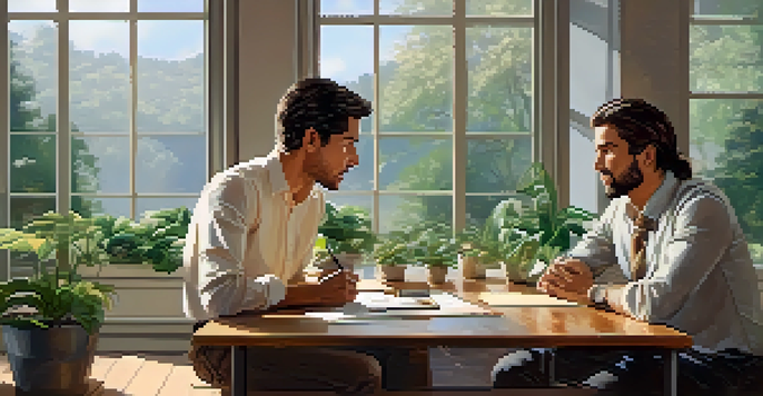 Two colleagues having a calm discussion in a serene office environment with plants and natural light.