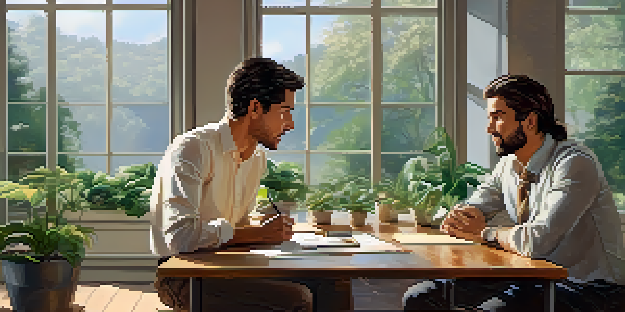 Two colleagues having a calm discussion in a serene office environment with plants and natural light.