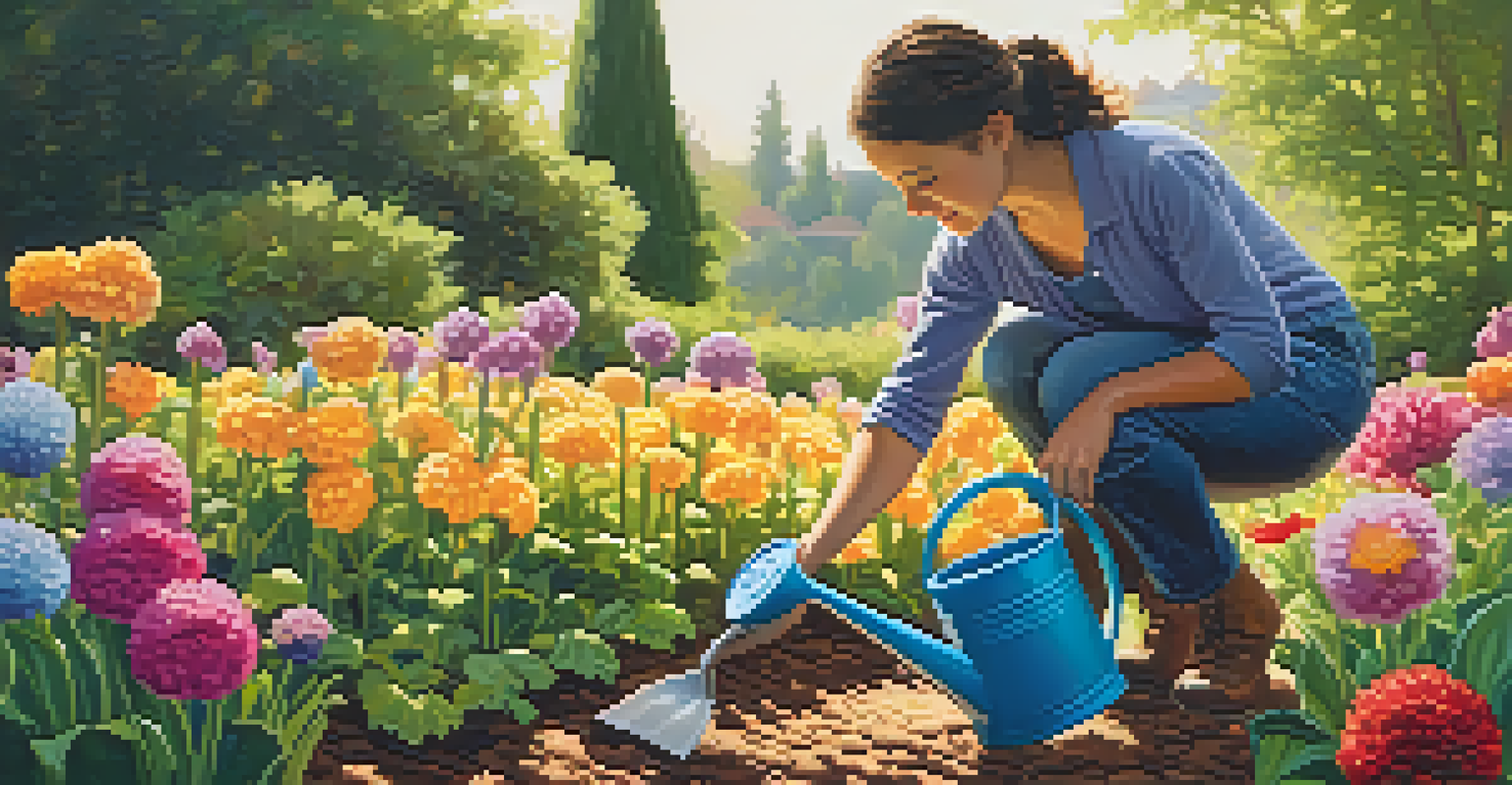A gardener joyfully planting seeds in a colorful flower garden under golden sunlight, representing growth and personal development.