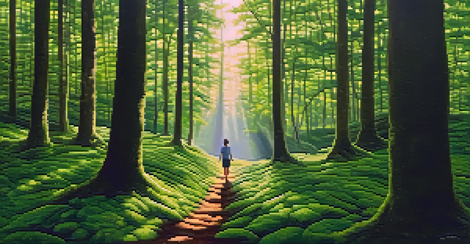 A person walking barefoot in a green forest, surrounded by tall trees and sunlight filtering through the leaves.
