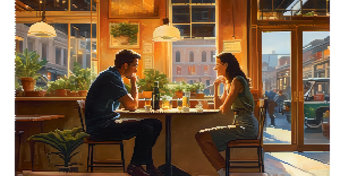 Two people having a meaningful conversation in a cozy café, with warm light illuminating their faces and a friendly atmosphere.