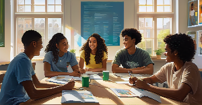 A group of diverse students discussing their educational goals in a bright classroom, with sunlight streaming through the windows.