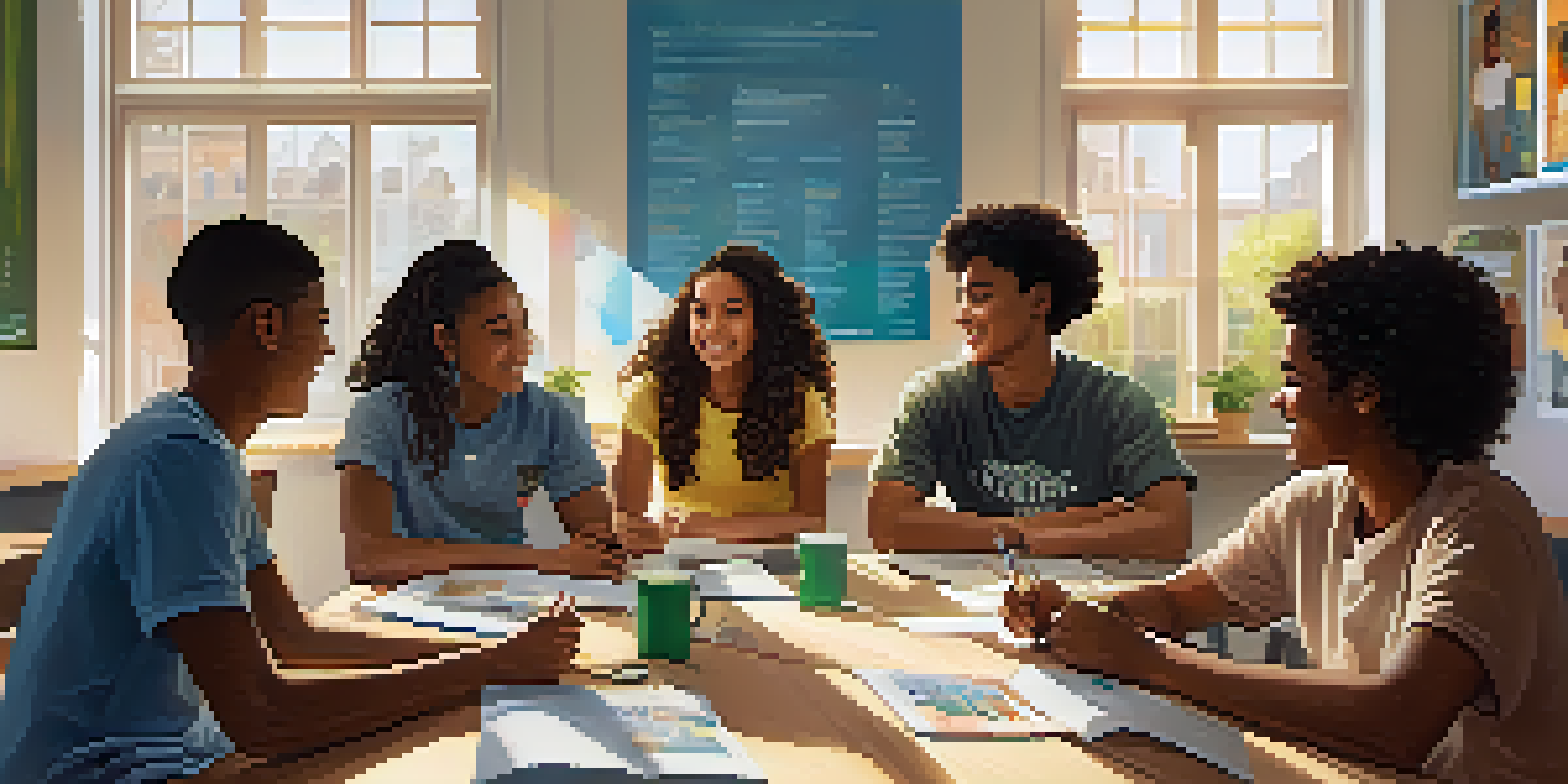 A group of diverse students discussing their educational goals in a bright classroom, with sunlight streaming through the windows.