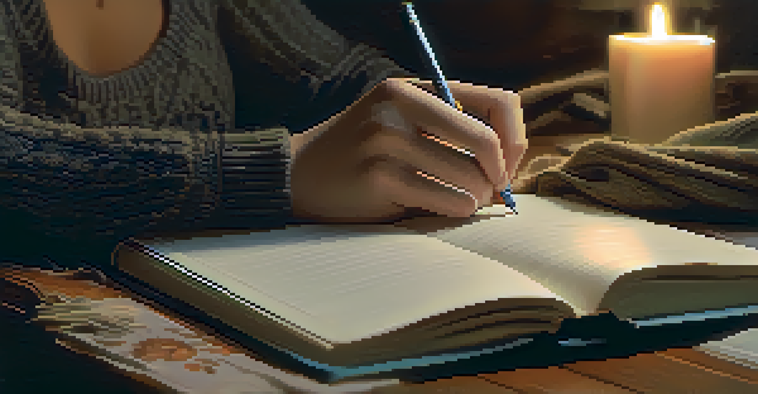 Close-up of hands writing in a journal with a cup of coffee nearby, set in a softly lit environment for self-reflection.