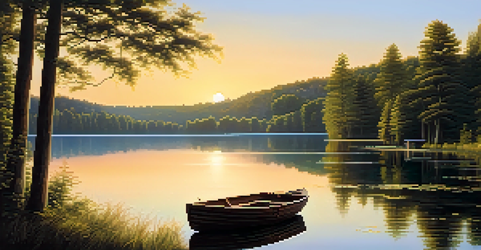 A tranquil lake with surrounding forests and a sunset, featuring a wooden dock and a rowboat.
