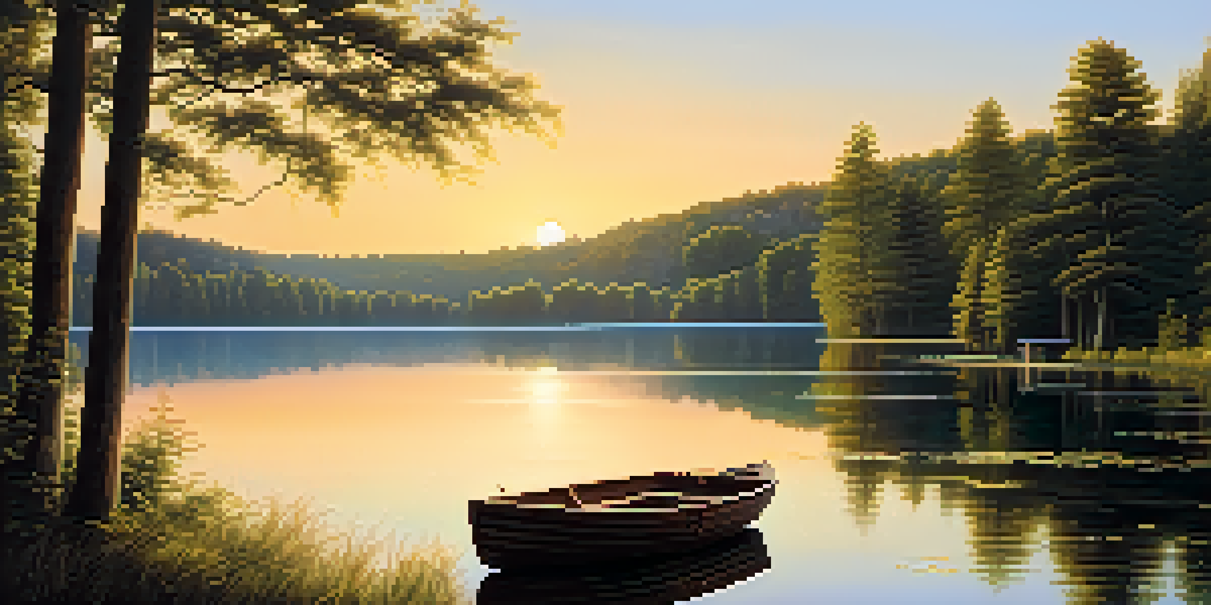A tranquil lake with surrounding forests and a sunset, featuring a wooden dock and a rowboat.