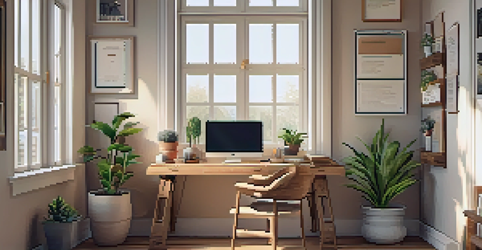 A cozy home workspace with a wooden desk, laptop, potted plants, and motivational quotes on the wall, illuminated by natural light.