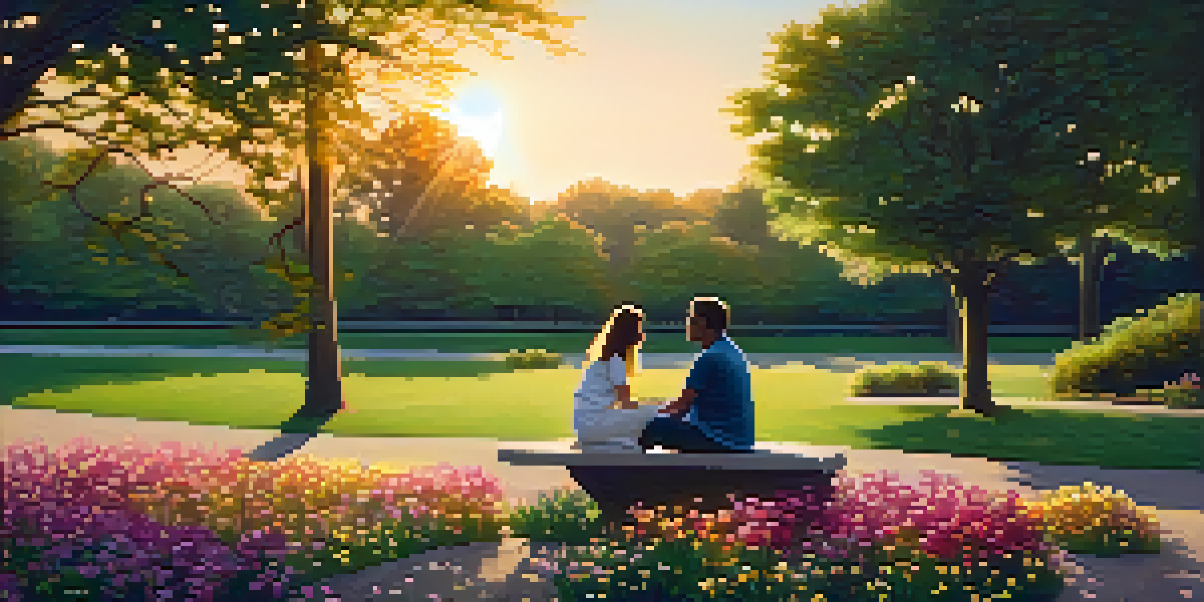 Two people having a thoughtful conversation in a peaceful park setting during sunset.