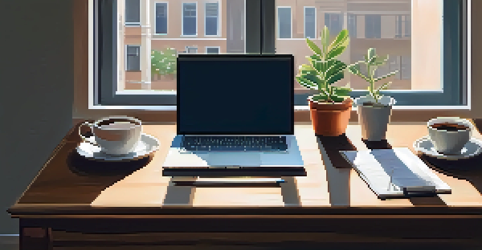 A wooden desk with a laptop, stationery, a potted plant, and a cup of coffee, illuminated by soft morning light.