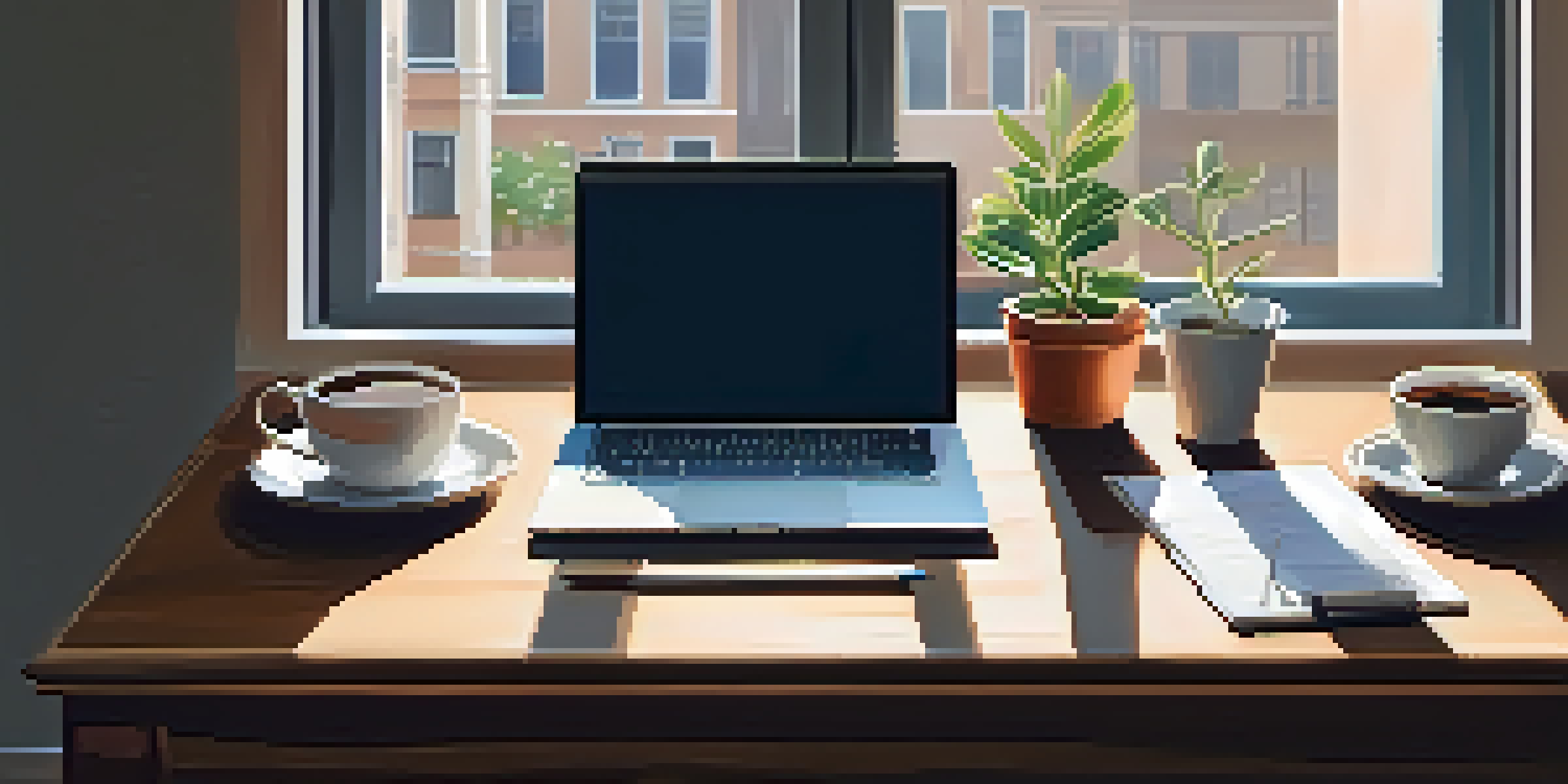 A wooden desk with a laptop, stationery, a potted plant, and a cup of coffee, illuminated by soft morning light.