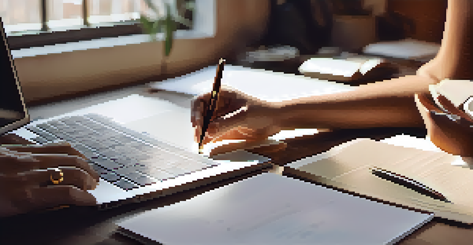 Close-up of hands typing on a laptop, drafting a follow-up email after a networking event, with notes and a pen on the desk.