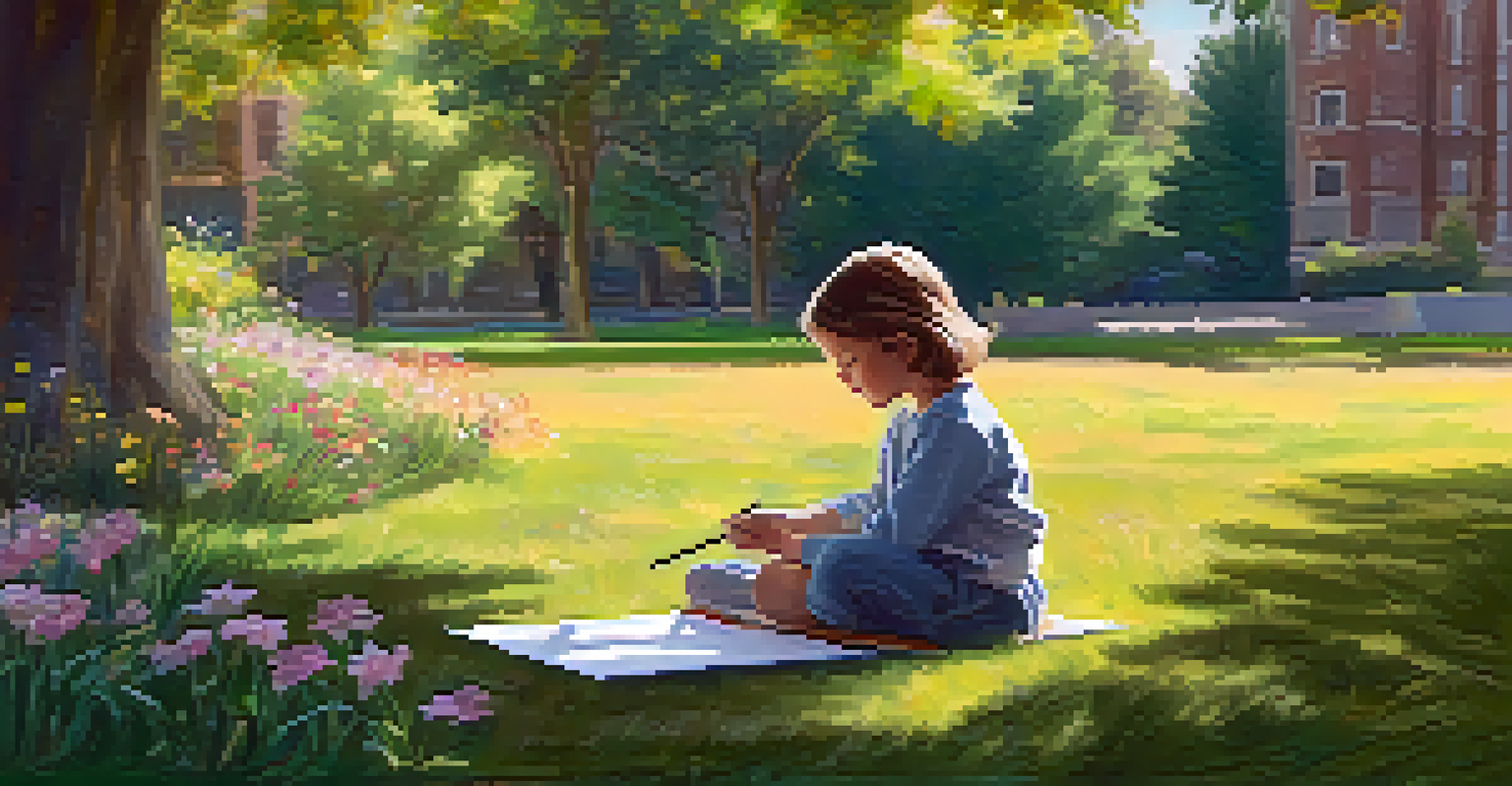 A child drawing in a park, surrounded by nature, looking peaceful and focused.