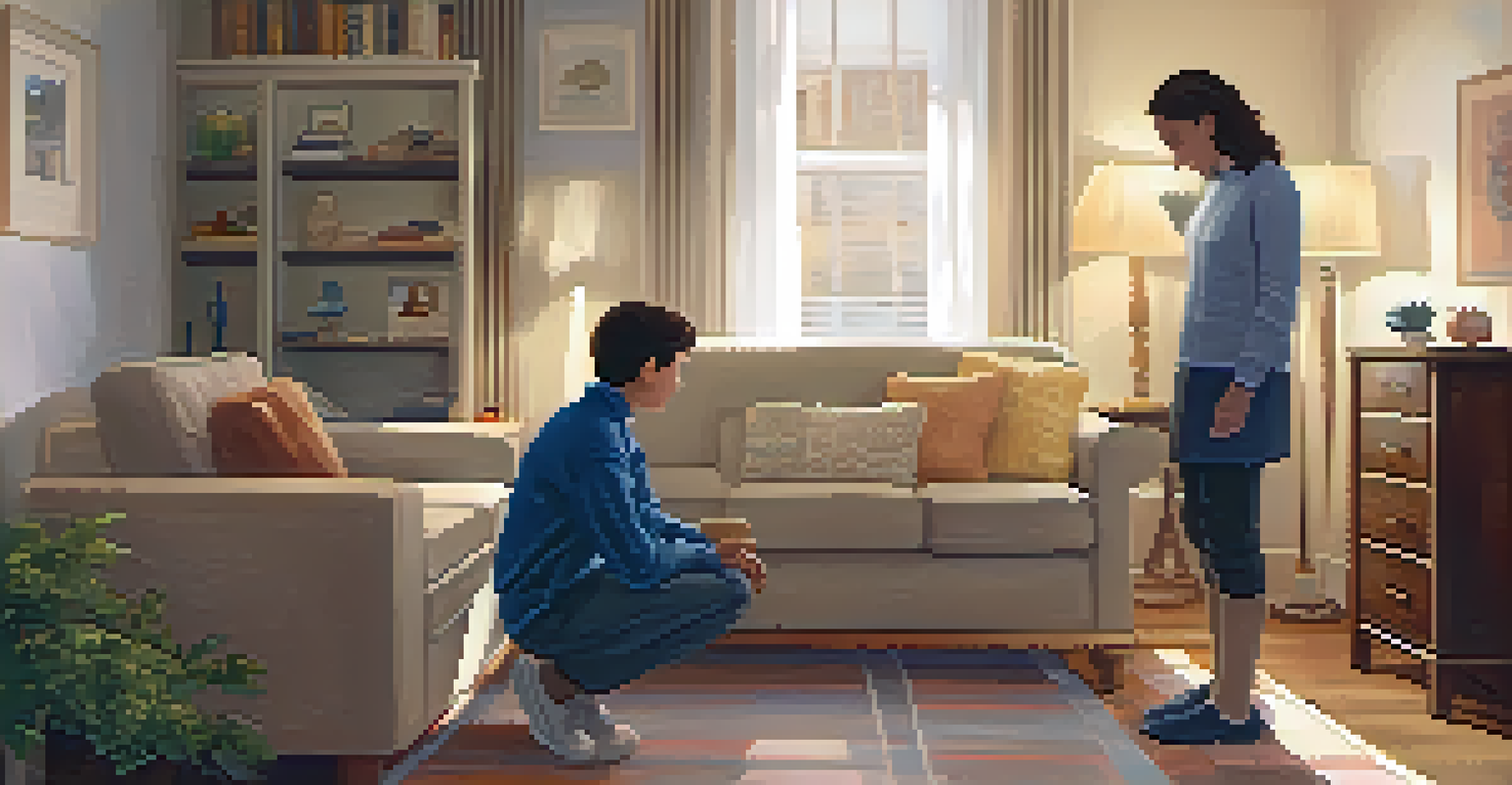 A caregiver comforting an upset child in a cozy living room, demonstrating emotional support.