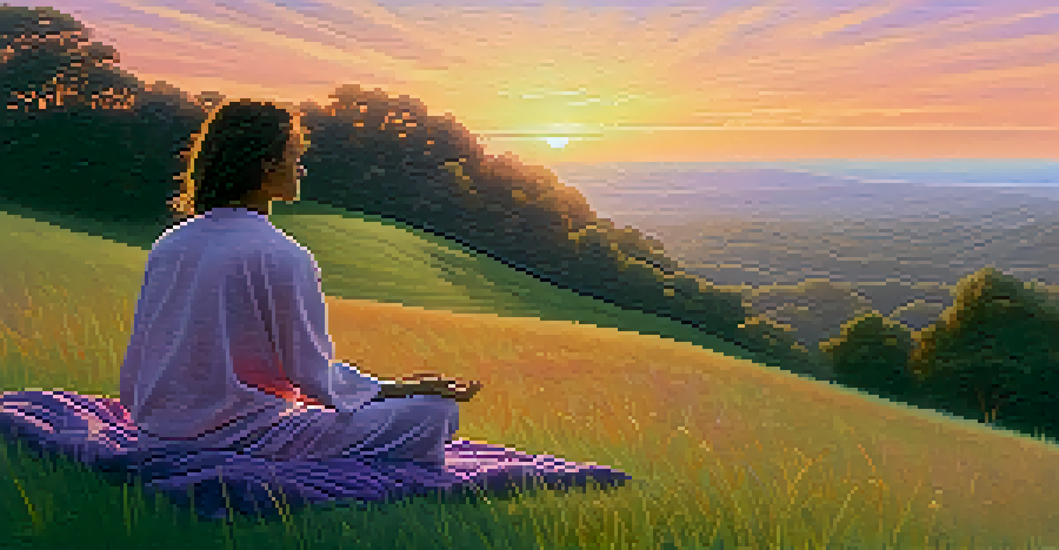 A person meditating on a hilltop at sunrise with a colorful sky and nature surrounding them.