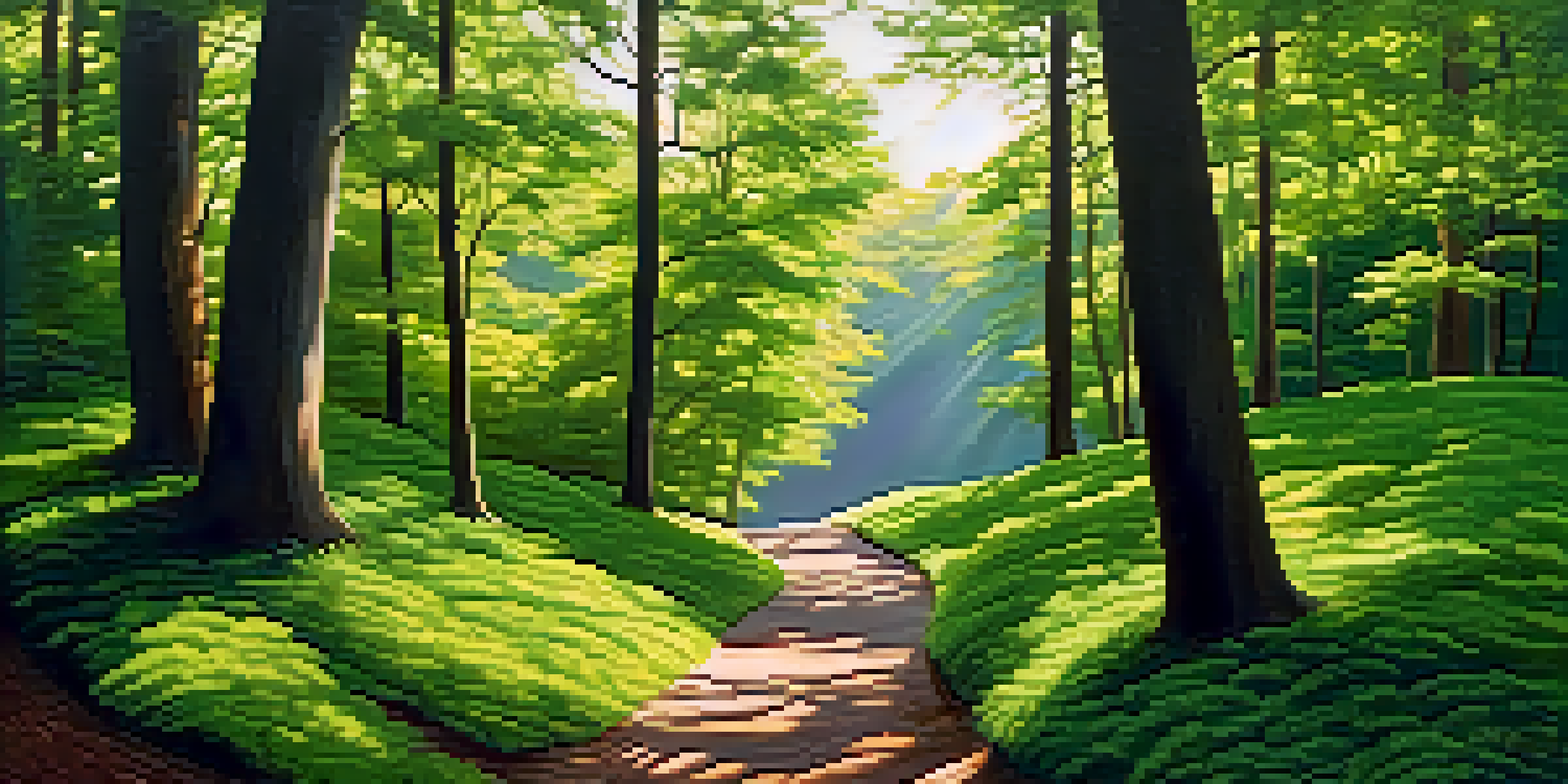 A winding path through a green forest with sunlight filtering through the leaves.