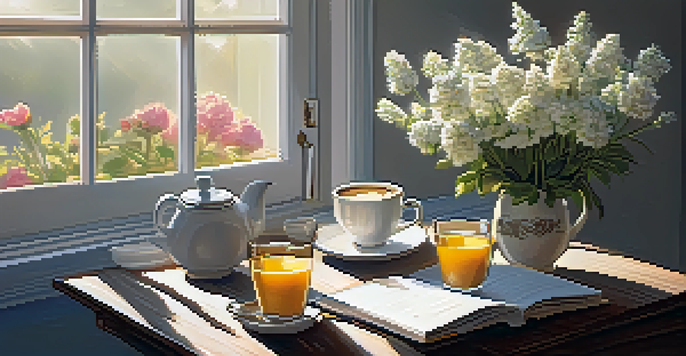 A cozy breakfast table with a cup of coffee, an open gratitude journal, and fresh flowers, illuminated by morning sunlight.