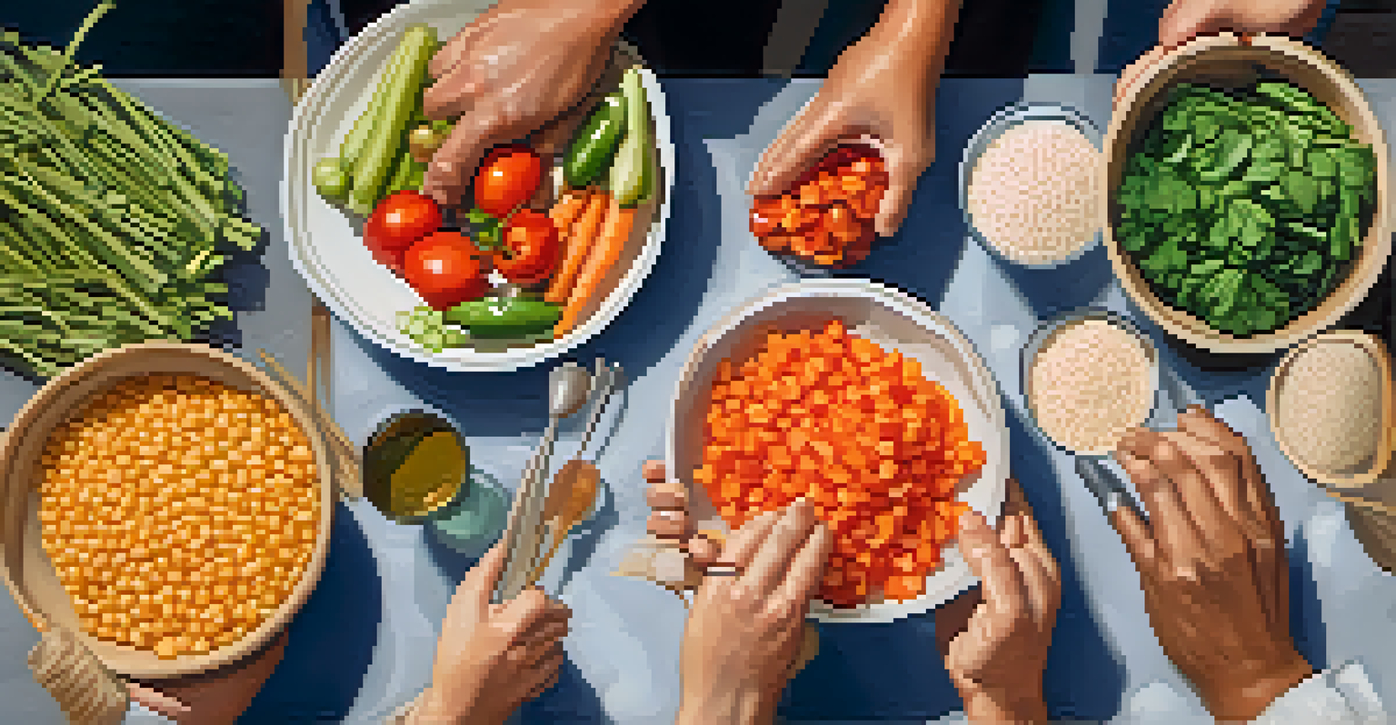 Close-up of diverse hands preparing food at a food bank, highlighting teamwork and community spirit.