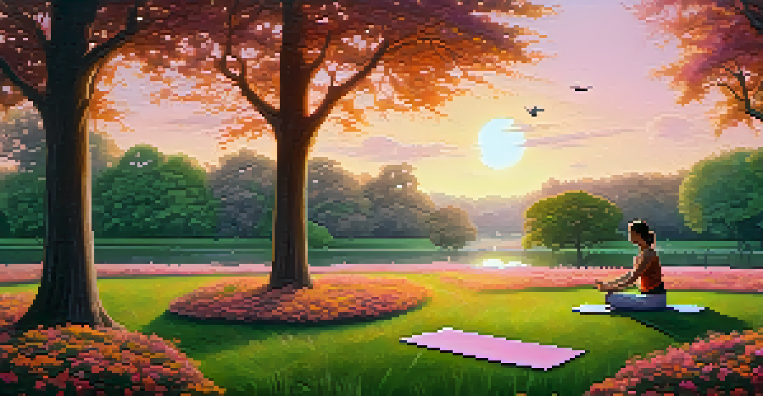 A peaceful park at dawn with a person practicing yoga on the grass, surrounded by lush trees and a colorful sunrise sky.