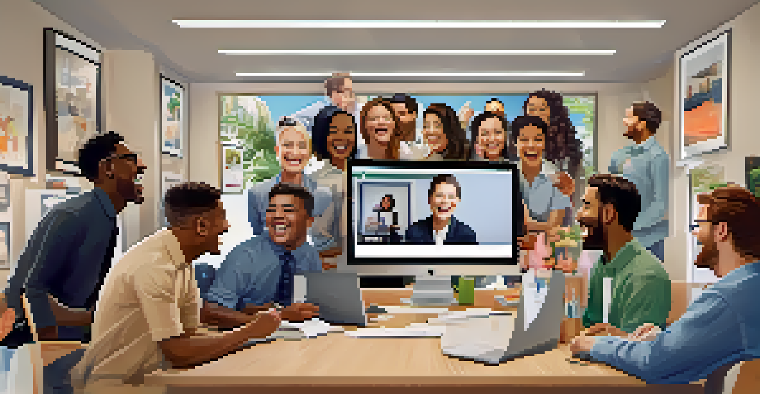 A leader sharing a funny story during a digital meeting with diverse team members laughing on their screens.