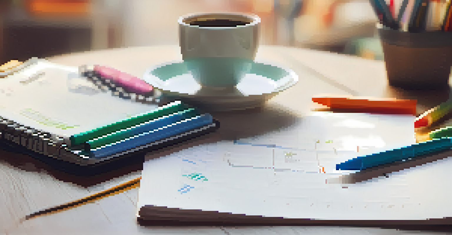 An open planner displaying SMART goals, with colorful markers and a cup of coffee next to it, set in a cozy workspace.
