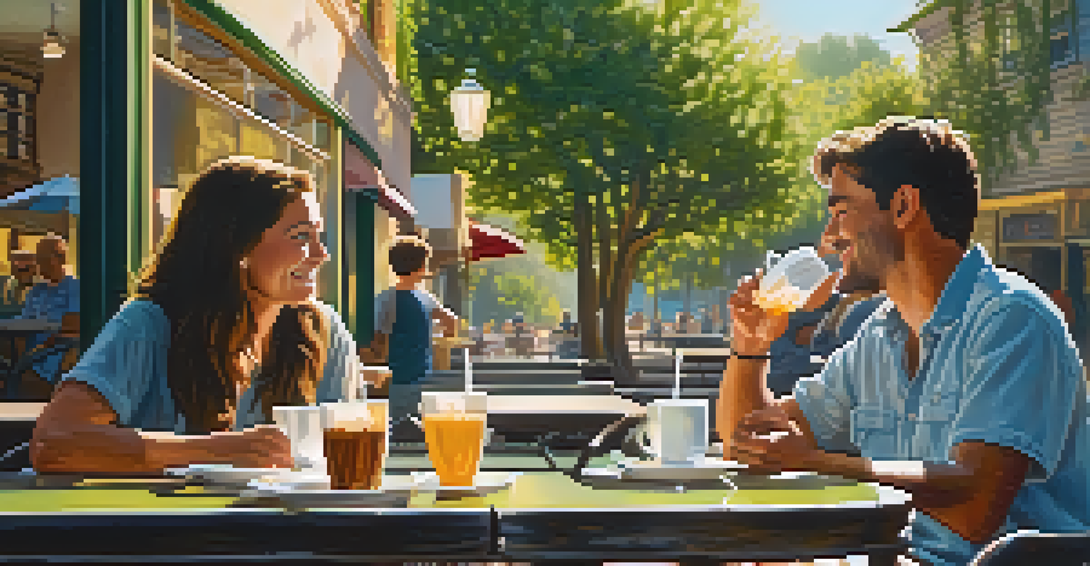 Two friends sharing a joyful moment at an outdoor coffee shop, surrounded by greenery.