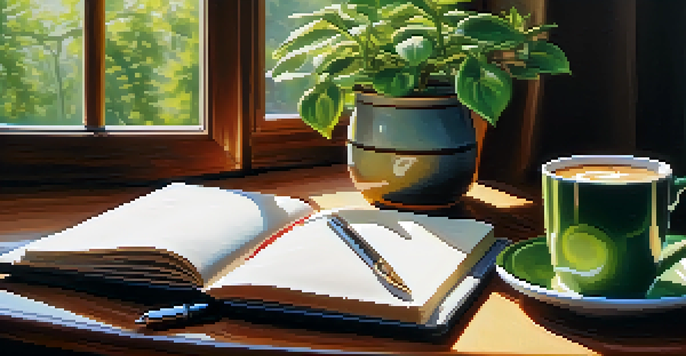 A peaceful workspace with an open notebook, coffee, and a plant, symbolizing self-reflection and growth.