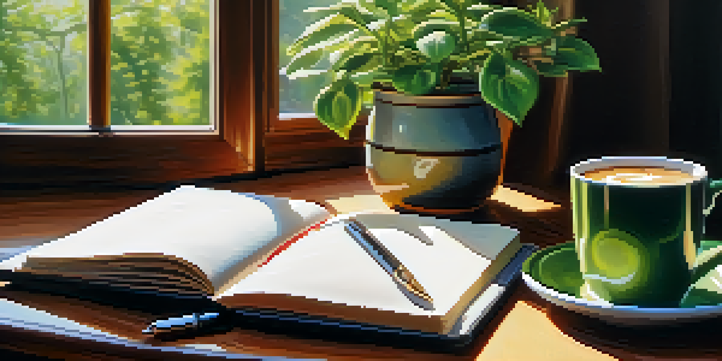A peaceful workspace with an open notebook, coffee, and a plant, symbolizing self-reflection and growth.