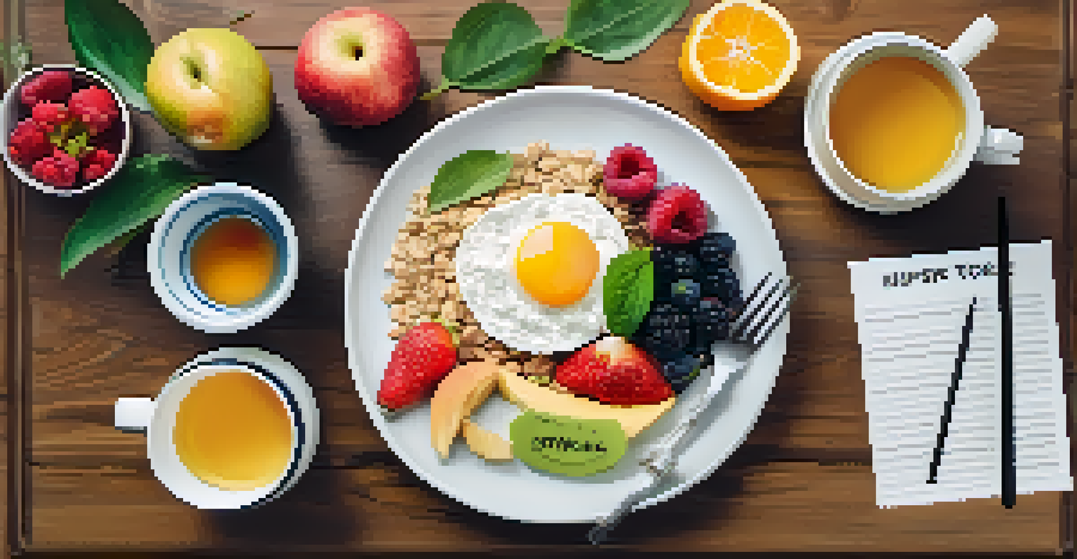 A colorful breakfast table with fruits, oatmeal, and tea, surrounded by motivational quotes on sticky notes.