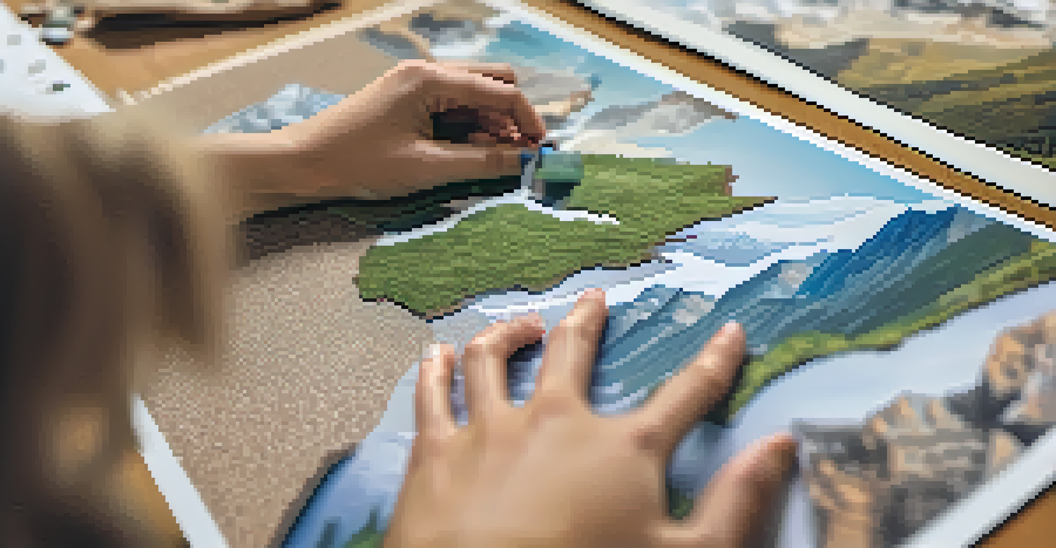 Hands gluing images onto a corkboard, focusing on the creative assembly of a vision board.