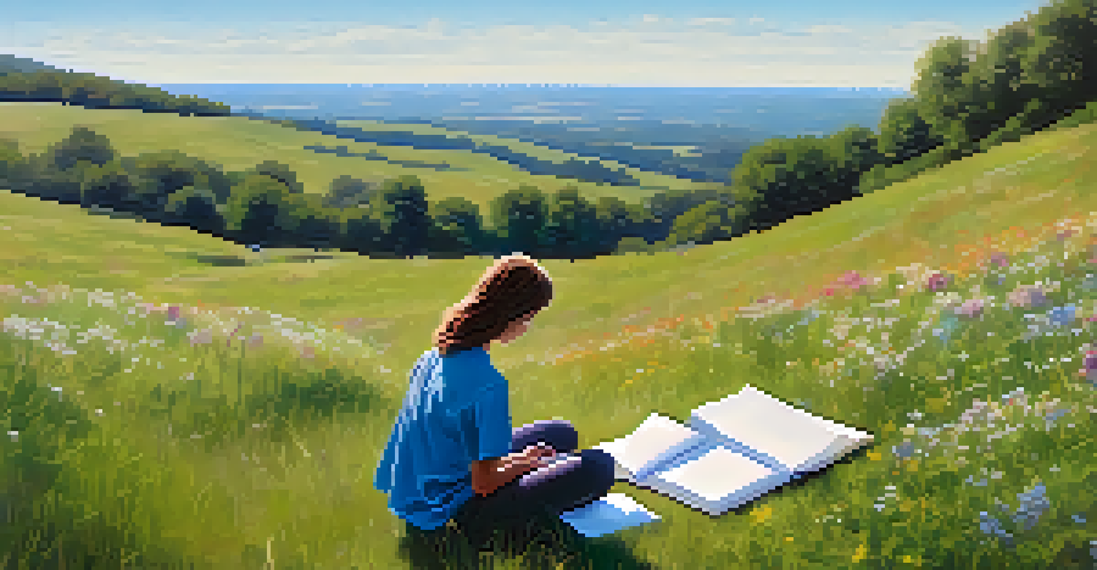 A person sitting on a grassy hill, journaling in a notebook surrounded by wildflowers, under a clear blue sky, representing mindfulness in nature.