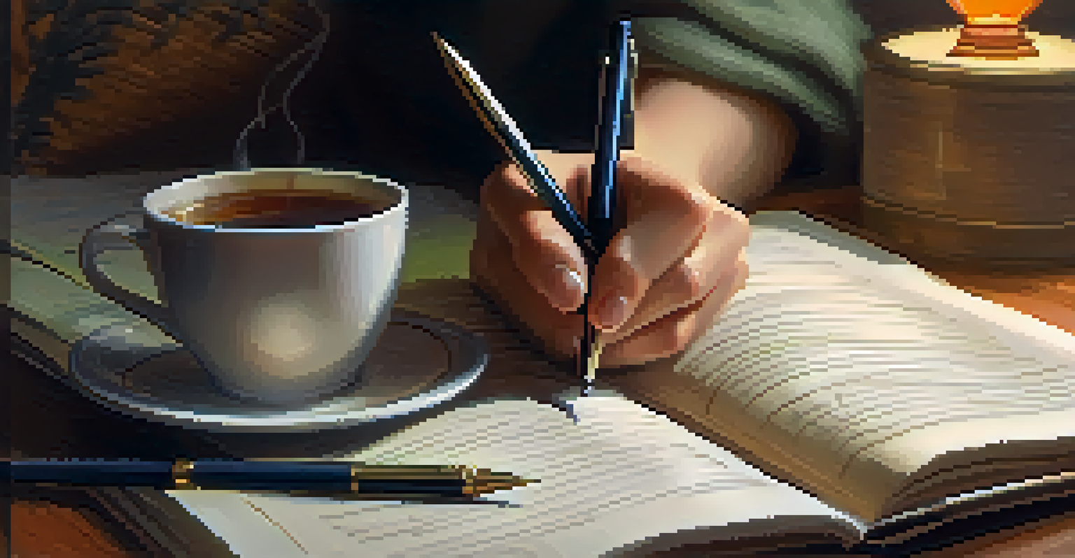 Close-up of hands writing in a journal, with a blurred background showing a cozy setting with books and a cup of tea.