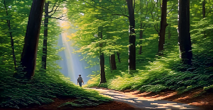 A person walking on a forest path with sunlight filtering through the trees, representing a journey of self-discovery.