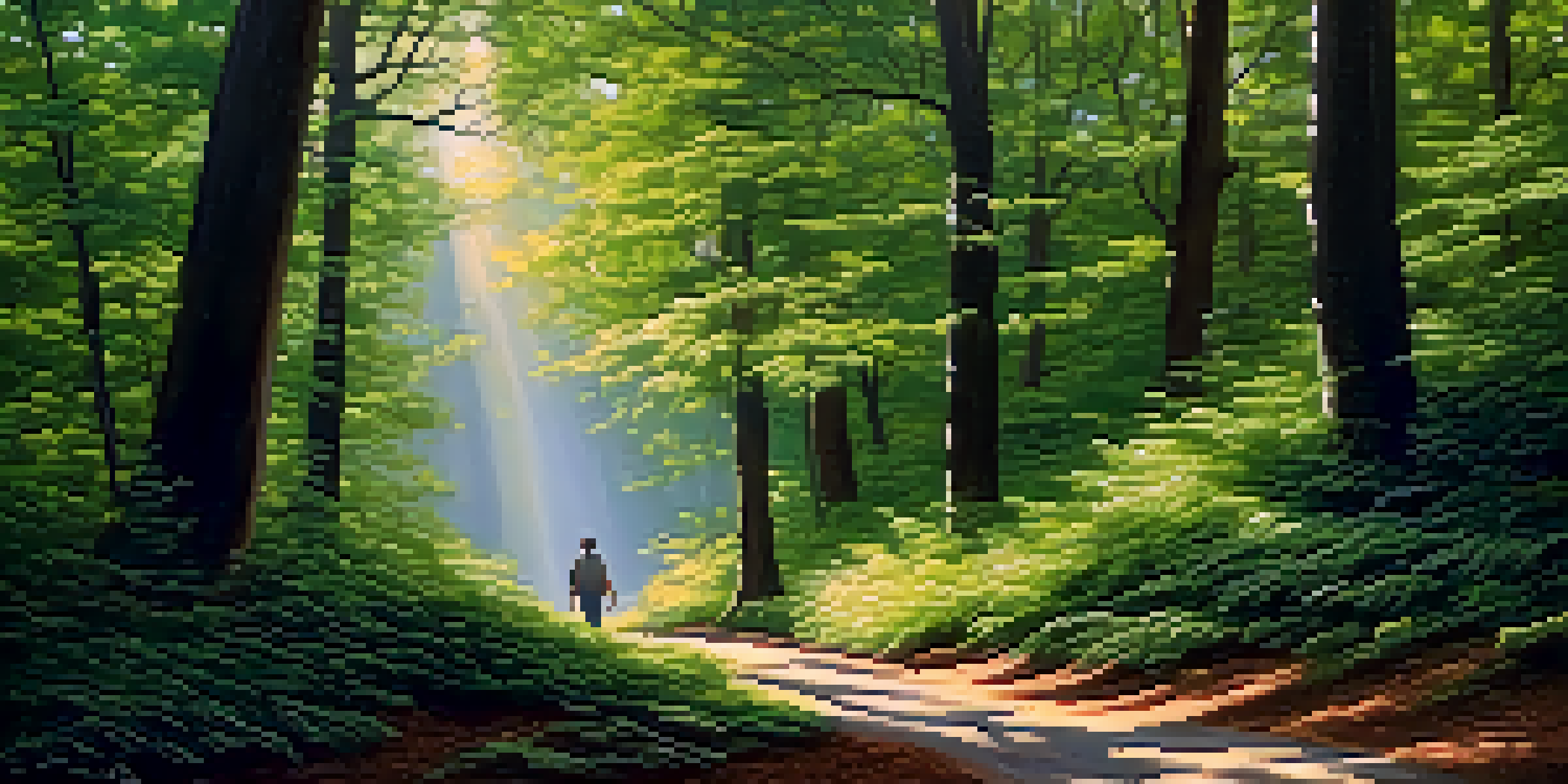 A person walking on a forest path with sunlight filtering through the trees, representing a journey of self-discovery.