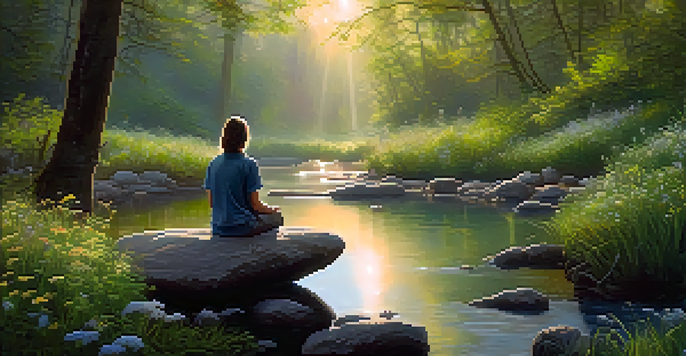 A peaceful forest landscape at dawn with sunlight filtering through trees, a person sitting on a rock practicing mindful breathing near a stream.